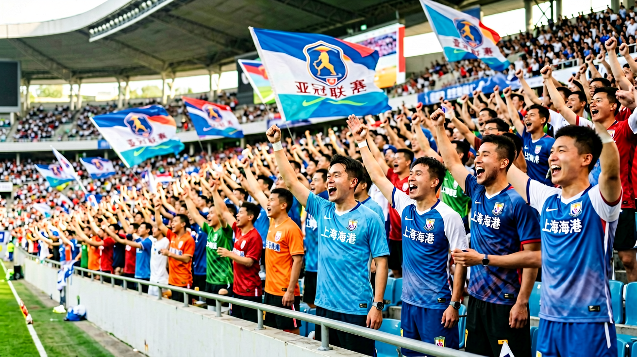 足球球迷在看台上欢呼，旗帜飘扬气氛热烈